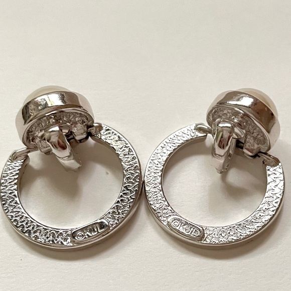 Kenneth Jay Lane Clip Earrings Pearl Crystal Hoops Signed KJL - Picture 7 of 7